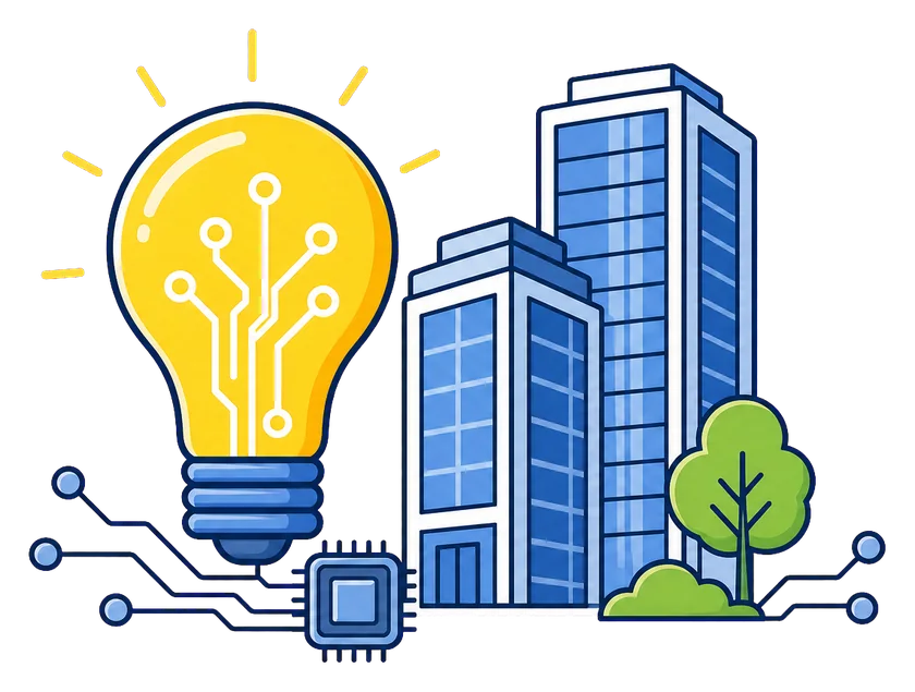 Circuit lightbulb, modern buildings, and technology chip representing construction innovation