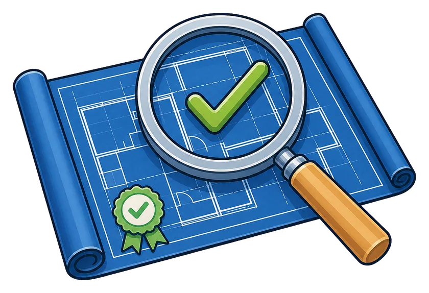 Magnifying glass and approval mark over an architectural blueprint