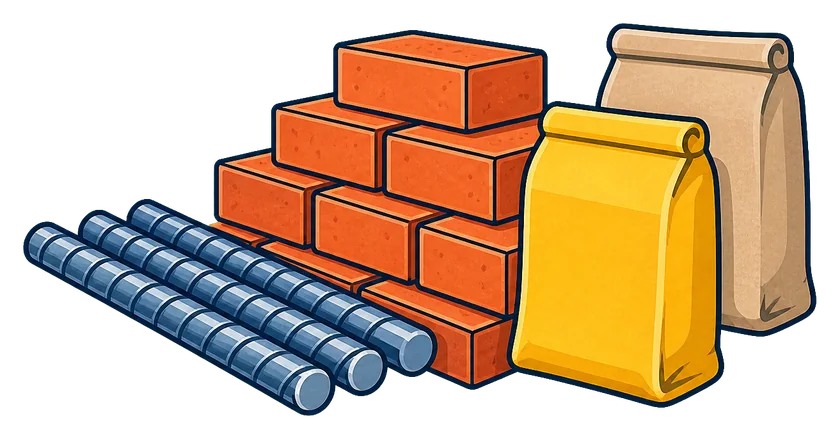 Reinforcement steel, bricks, and cement bags representing quality raw materials