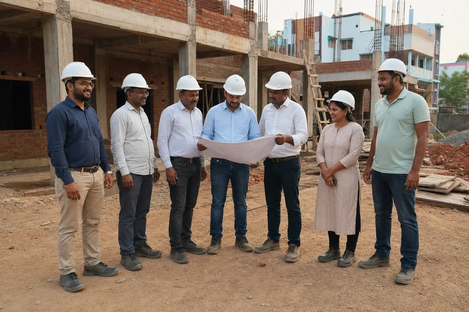 A local construction team reviewing architectural plans together at a residential building site