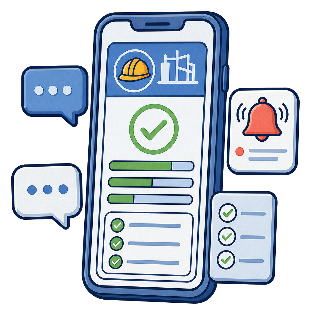 Mobile project dashboard with progress bars, alerts, messages, and completed tasks