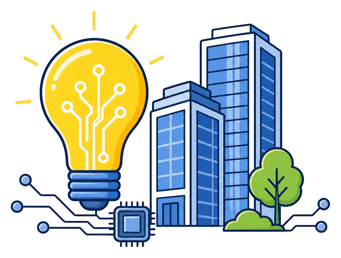 Circuit lightbulb, modern buildings, and technology chip representing construction innovation