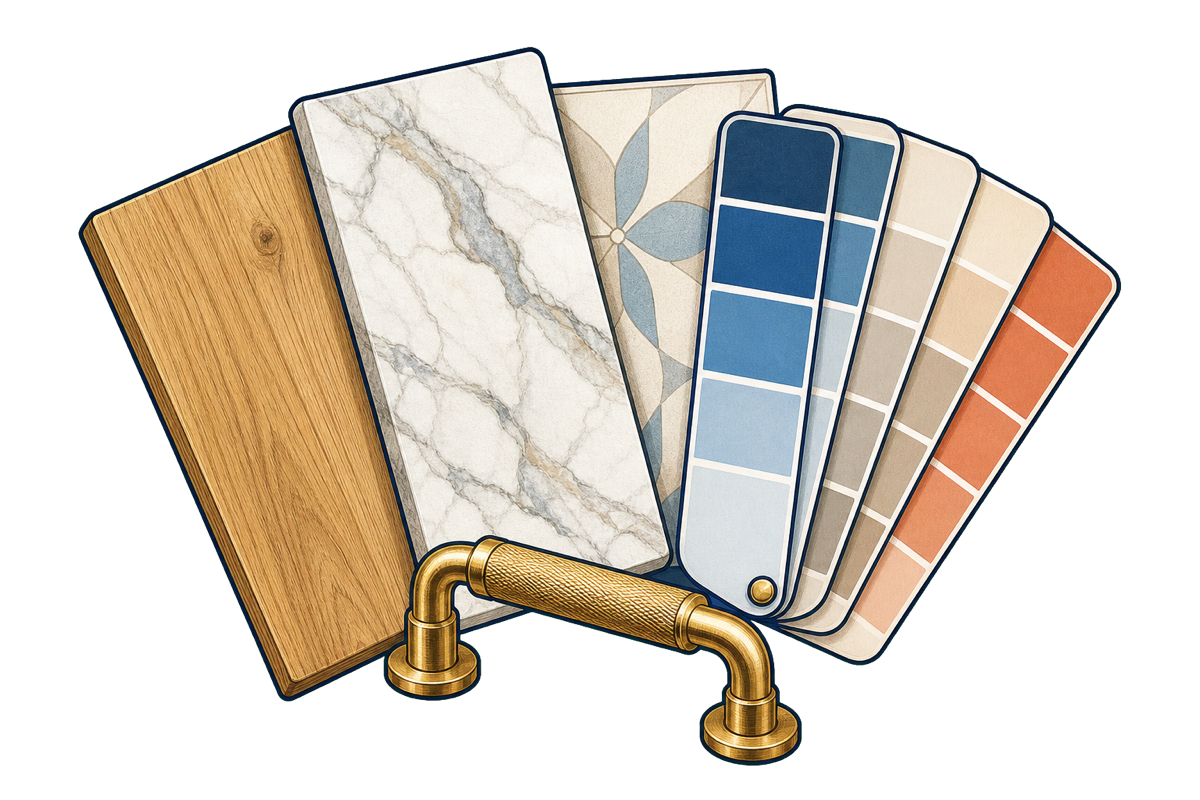 Curated premium wood, stone, tile, paint, and hardware finish samples