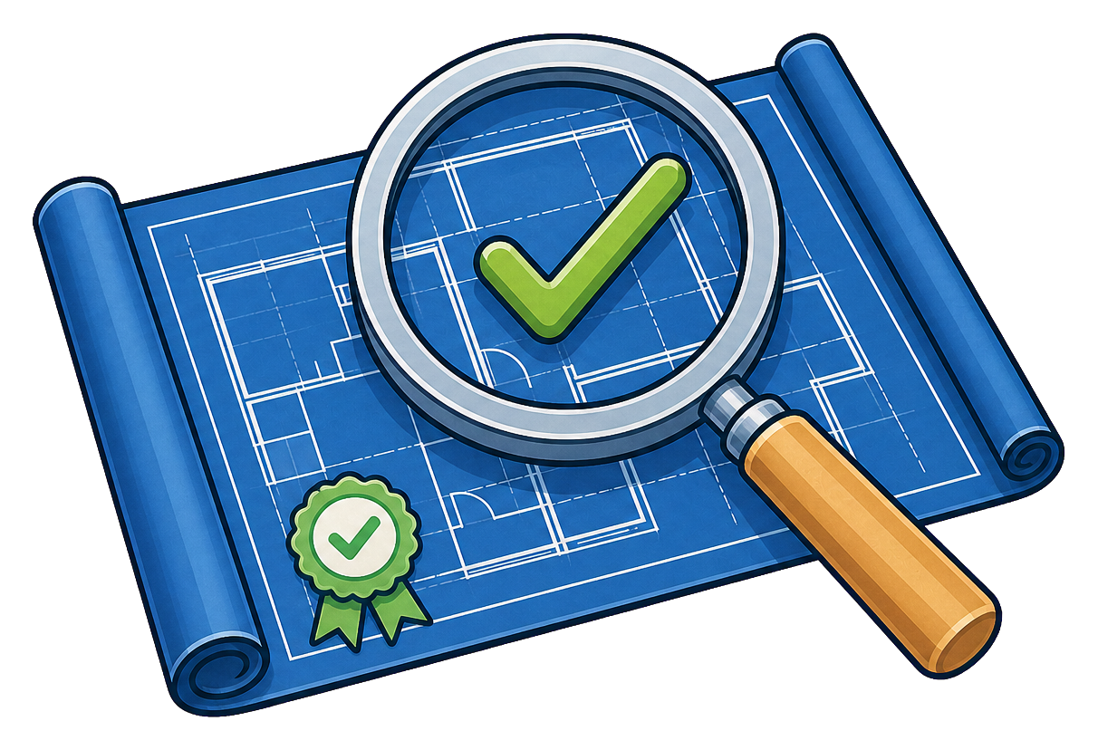 Magnifying glass and approval mark over an architectural blueprint