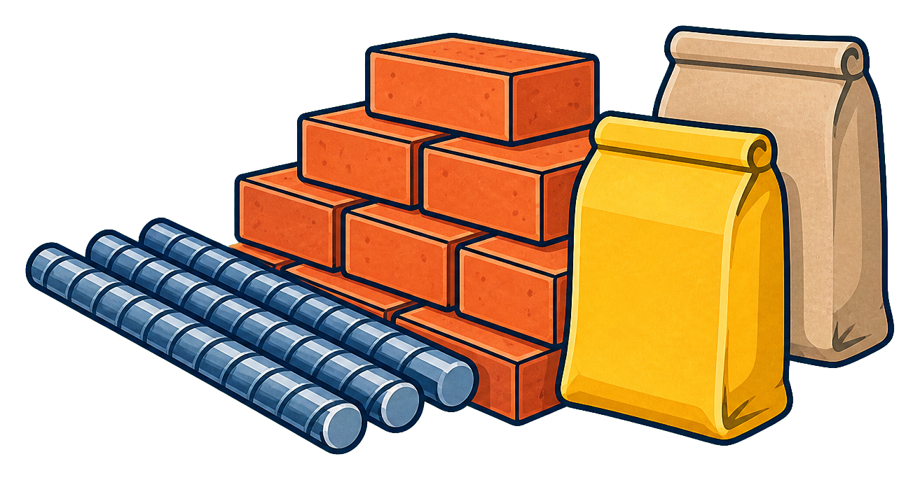 Reinforcement steel, bricks, and cement bags representing quality raw materials