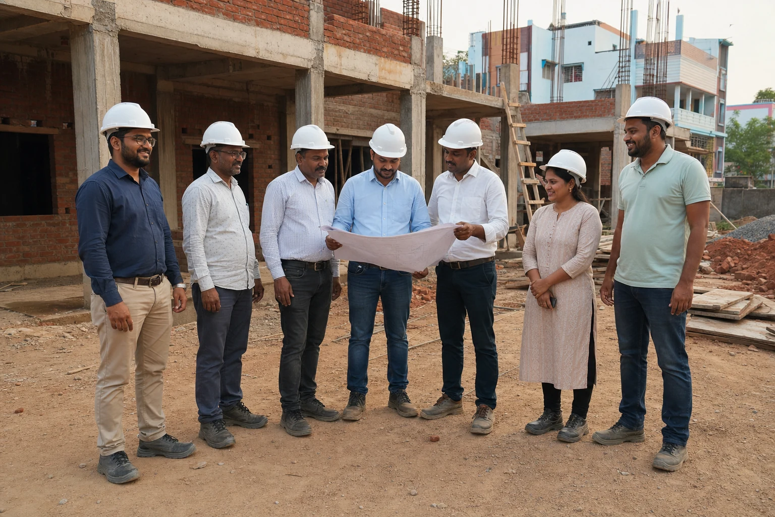 A local construction team reviewing architectural plans together at a residential building site